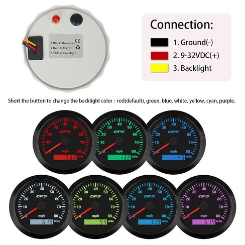 80MPH GPS عداد السرعة عداد المسافات 85 مم مع 7 إضاءة خلفية قابلة للتعديل لاستبدال شاحنة السيارة والقارب 9-32VDC نوع مقاوم للماء (أسود وأسود، 0-80 ميل في الساعة) in Kuwait