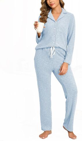 Veseacky Women Ribbed Knit Pajamas Set Lounge Set 2-Piece Sleepwear Nightwear Soft Brushed Jersey Pjs Set S-XXL in Saudi Arabia