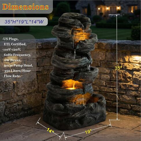 Amiva 6-Tier Outdoor Water Fountain with 3 LED Lights - 47" Large Cascading Stones Waterfall, Freestanding Rock Fountain for Garden, Patio, Yard & Deck Décor in Saudi Arabia