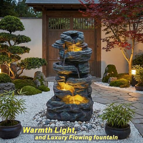 Amiva 6-Tier Outdoor Water Fountain with 3 LED Lights - 47" Large Cascading Stones Waterfall, Freestanding Rock Fountain for Garden, Patio, Yard & Deck Décor in Saudi Arabia