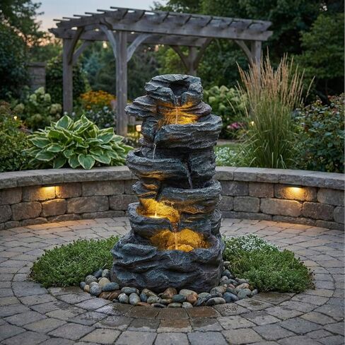 Amiva 6-Tier Outdoor Water Fountain with 3 LED Lights - 47" Large Cascading Stones Waterfall, Freestanding Rock Fountain for Garden, Patio, Yard & Deck Décor in Saudi Arabia