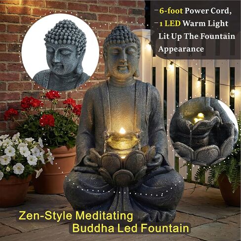 TranquilScape 28" 2-Tier Meditating Buddha Fountain – Outdoor Waterfall with LED Lights & Pump, Asian Zen Fengshui Statue for Garden, Patio, Backyard & Home Décor. in Saudi Arabia