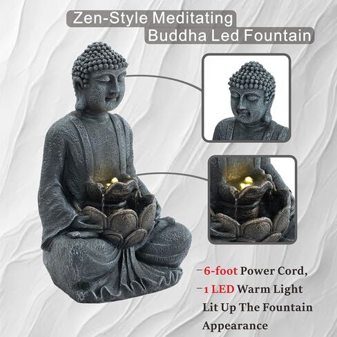 TranquilScape 28" 2-Tier Meditating Buddha Fountain – Outdoor Waterfall with LED Lights & Pump, Asian Zen Fengshui Statue for Garden, Patio, Backyard & Home Décor. in Saudi Arabia