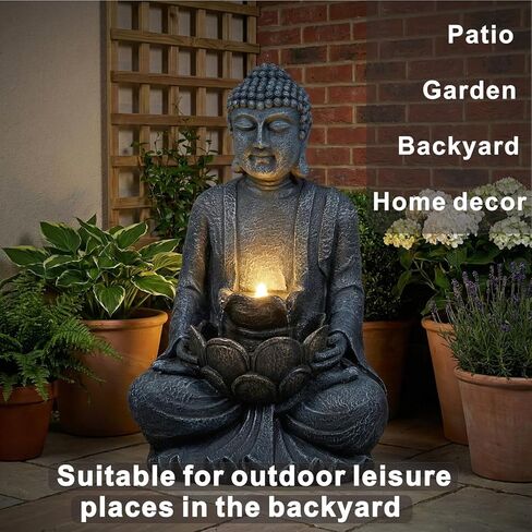 TranquilScape 28" 2-Tier Meditating Buddha Fountain – Outdoor Waterfall with LED Lights & Pump, Asian Zen Fengshui Statue for Garden, Patio, Backyard & Home Décor. in Saudi Arabia