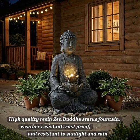 TranquilScape 28" 2-Tier Meditating Buddha Fountain – Outdoor Waterfall with LED Lights & Pump, Asian Zen Fengshui Statue for Garden, Patio, Backyard & Home Décor. in Saudi Arabia