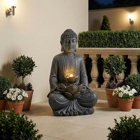TranquilScape 28" 2-Tier Meditating Buddha Fountain – Outdoor Waterfall with LED Lights & Pump, Asian Zen Fengshui Statue for Garden, Patio, Backyard & Home Décor. in Saudi Arabia