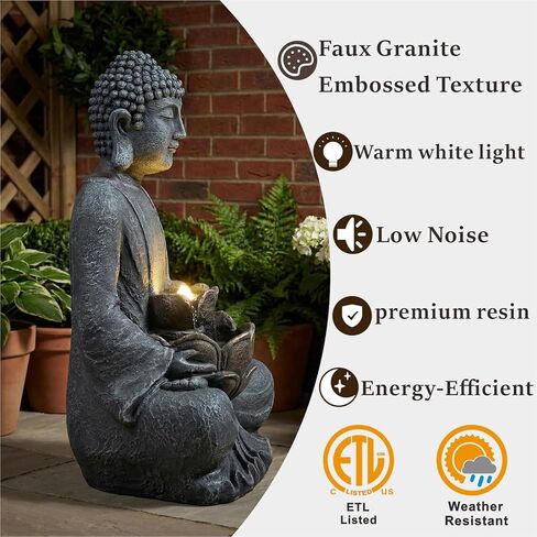 TranquilScape 28" 2-Tier Meditating Buddha Fountain – Outdoor Waterfall with LED Lights & Pump, Asian Zen Fengshui Statue for Garden, Patio, Backyard & Home Décor. in Saudi Arabia