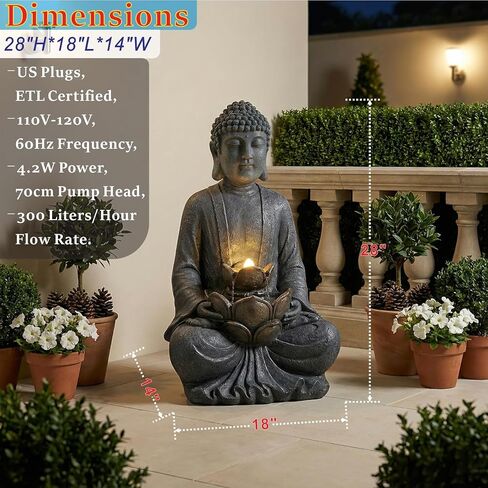 TranquilScape 28" 2-Tier Meditating Buddha Fountain – Outdoor Waterfall with LED Lights & Pump, Asian Zen Fengshui Statue for Garden, Patio, Backyard & Home Décor. in Saudi Arabia