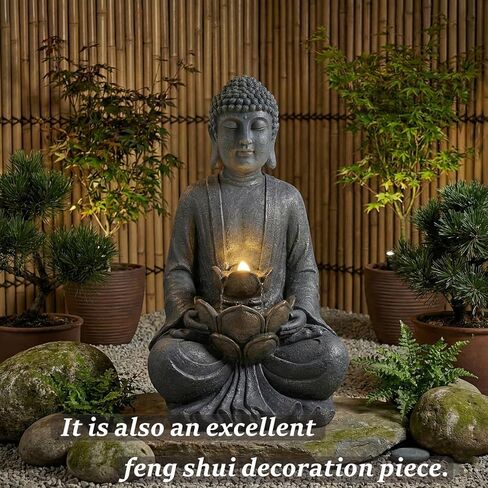 TranquilScape 28" 2-Tier Meditating Buddha Fountain – Outdoor Waterfall with LED Lights & Pump, Asian Zen Fengshui Statue for Garden, Patio, Backyard & Home Décor. in Saudi Arabia