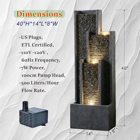 40 Inch Modern Outdoor Water Fountain, Floor Standing Cascading Waterfall with Contemporary Curves, Suitable for Porch, Office, Home Garden, Patio in Saudi Arabia