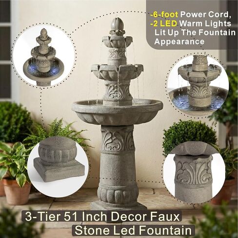 Amiva 52" Outdoor LED Water Fountain, 3-Tier Floor-Standing Cascading Fountain with Pump, Large Resin Waterfall for Garden, Patio, Yard & Home Décor. in Saudi Arabia