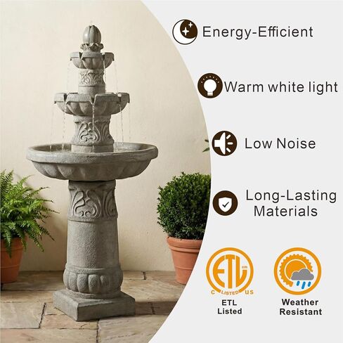 Amiva 52" Outdoor LED Water Fountain, 3-Tier Floor-Standing Cascading Fountain with Pump, Large Resin Waterfall for Garden, Patio, Yard & Home Décor. in Saudi Arabia