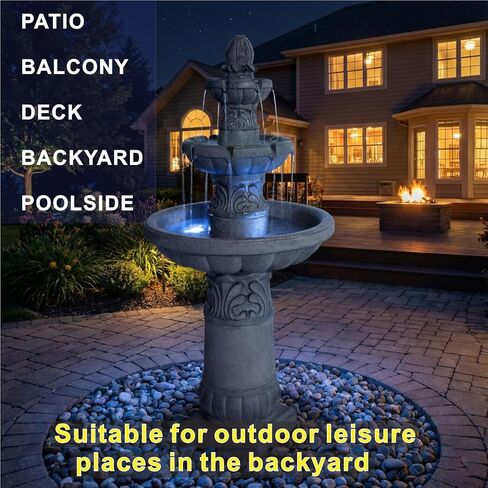 Amiva 52" Outdoor LED Water Fountain, 3-Tier Floor-Standing Cascading Fountain with Pump, Large Resin Waterfall for Garden, Patio, Yard & Home Décor. in Saudi Arabia