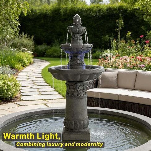 Amiva 52" Outdoor LED Water Fountain, 3-Tier Floor-Standing Cascading Fountain with Pump, Large Resin Waterfall for Garden, Patio, Yard & Home Décor. in Saudi Arabia