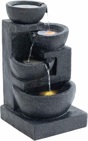 Outa 29" Terrazzo Style Water Fountain with LED Lights, 4-Tier Cascading Bowls and Stacked Stones Waterfall for Indoor/Outdoor Garden, Patio & Lawn. in Saudi Arabia