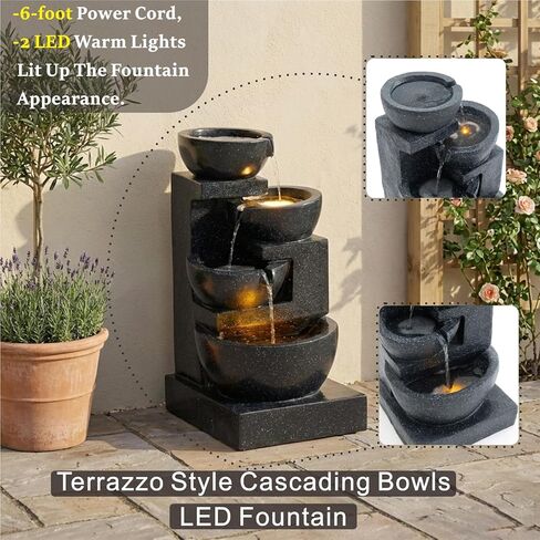 Outa 29" Terrazzo Style Water Fountain with LED Lights, 4-Tier Cascading Bowls and Stacked Stones Waterfall for Indoor/Outdoor Garden, Patio & Lawn. in Saudi Arabia