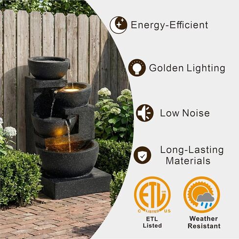Outa 29" Terrazzo Style Water Fountain with LED Lights, 4-Tier Cascading Bowls and Stacked Stones Waterfall for Indoor/Outdoor Garden, Patio & Lawn. in Saudi Arabia