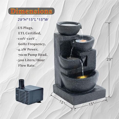 Outa 29" Terrazzo Style Water Fountain with LED Lights, 4-Tier Cascading Bowls and Stacked Stones Waterfall for Indoor/Outdoor Garden, Patio & Lawn. in Saudi Arabia