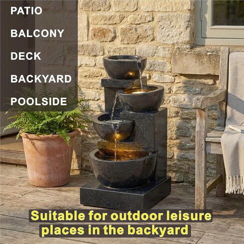 Outa 29" Terrazzo Style Water Fountain with LED Lights, 4-Tier Cascading Bowls and Stacked Stones Waterfall for Indoor/Outdoor Garden, Patio & Lawn. in Saudi Arabia