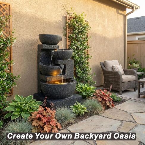 Outa 29" Terrazzo Style Water Fountain with LED Lights, 4-Tier Cascading Bowls and Stacked Stones Waterfall for Indoor/Outdoor Garden, Patio & Lawn. in Saudi Arabia