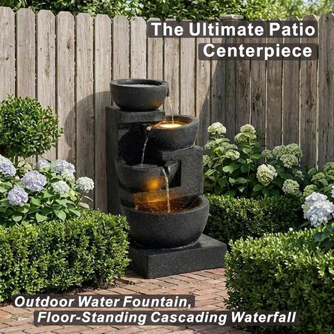 Outa 29" Terrazzo Style Water Fountain with LED Lights, 4-Tier Cascading Bowls and Stacked Stones Waterfall for Indoor/Outdoor Garden, Patio & Lawn. in Saudi Arabia
