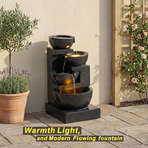 Outa 29" Terrazzo Style Water Fountain with LED Lights, 4-Tier Cascading Bowls and Stacked Stones Waterfall for Indoor/Outdoor Garden, Patio & Lawn. in Saudi Arabia