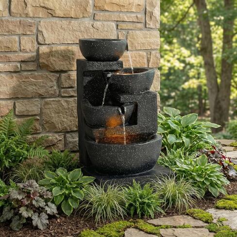 Outa 29" Terrazzo Style Water Fountain with LED Lights, 4-Tier Cascading Bowls and Stacked Stones Waterfall for Indoor/Outdoor Garden, Patio & Lawn. in Saudi Arabia