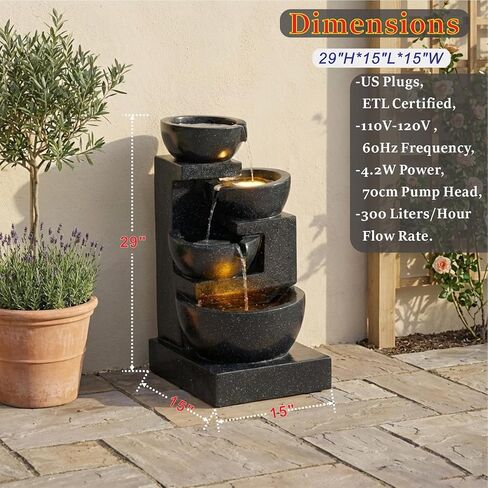 Outa 29" Terrazzo Style Water Fountain with LED Lights, 4-Tier Cascading Bowls and Stacked Stones Waterfall for Indoor/Outdoor Garden, Patio & Lawn. in Saudi Arabia