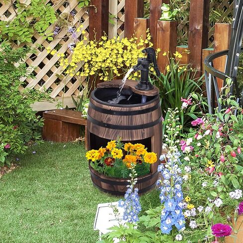 Wooden Barrel Water Fountain with Flower Planting Layer in Kuwait