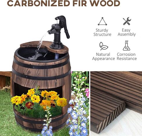 Wooden Barrel Water Fountain with Flower Planting Layer in Kuwait