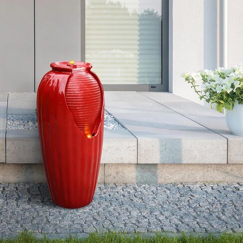 نافورة مياه خارجية زجاجية باللون الأحمر مقاس 32 بوصة من تيمسون هوم - تتميز بأرضية قائمة بذاتها للديكور الخارجي مع إضاءة LED مدمجة، أحمر لامع in Kuwait