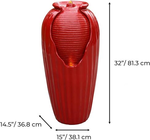 نافورة مياه خارجية زجاجية باللون الأحمر مقاس 32 بوصة من تيمسون هوم - تتميز بأرضية قائمة بذاتها للديكور الخارجي مع إضاءة LED مدمجة، أحمر لامع in Kuwait