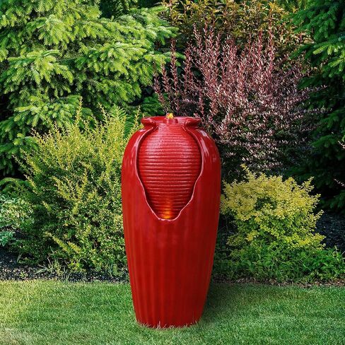 نافورة مياه خارجية زجاجية باللون الأحمر مقاس 32 بوصة من تيمسون هوم - تتميز بأرضية قائمة بذاتها للديكور الخارجي مع إضاءة LED مدمجة، أحمر لامع in Kuwait