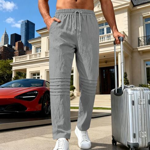 Mens Linen Pants Casual Beach Vacation Pants Elastic Waist Drawstring Summer Straight Legs Trousers with Pockets in Saudi Arabia