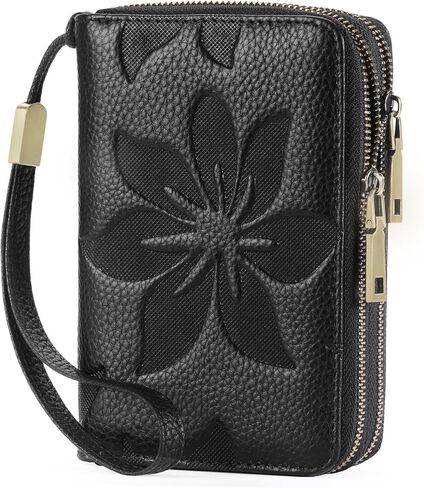 GOIACII Women's Wallet Double Zip Around Credit Card Holder Ladies Wallet Rfid Blocking Wristlet Purse Medium Size Leather Black in Saudi Arabia