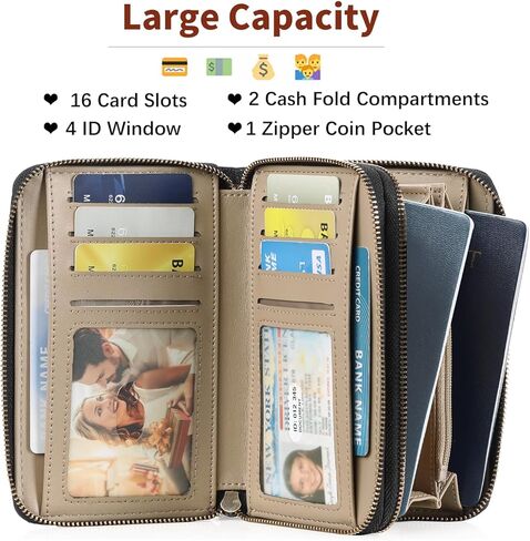 GOIACII Women's Wallet Double Zip Around Credit Card Holder Ladies Wallet Rfid Blocking Wristlet Purse Medium Size Leather Black in Saudi Arabia