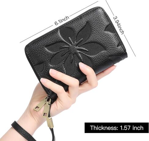 GOIACII Women's Wallet Double Zip Around Credit Card Holder Ladies Wallet Rfid Blocking Wristlet Purse Medium Size Leather Black in Saudi Arabia