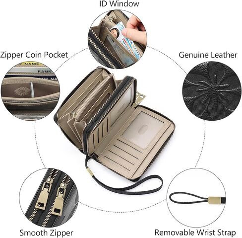 GOIACII Women's Wallet Double Zip Around Credit Card Holder Ladies Wallet Rfid Blocking Wristlet Purse Medium Size Leather Black in Saudi Arabia