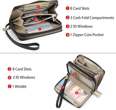 GOIACII Women's Wallet Double Zip Around Credit Card Holder Ladies Wallet Rfid Blocking Wristlet Purse Medium Size Leather Black in Saudi Arabia