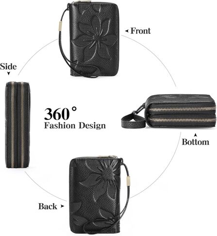 GOIACII Women's Wallet Double Zip Around Credit Card Holder Ladies Wallet Rfid Blocking Wristlet Purse Medium Size Leather Black in Saudi Arabia