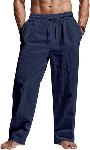 سراويل Puimentiua للرجال كاجوال من القطن والكتان، سراويل صيفية بخصر مرن برباط فضفاض وخفيفة الوزن سراويل صالة الشاطئ in Kuwait