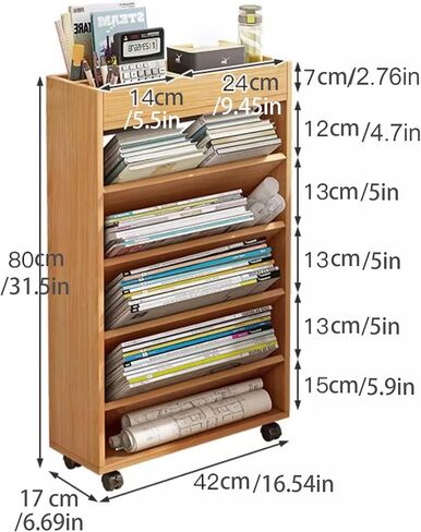 Mobile Bookshelf,Mobile Wooden Rolling Storage Cart with Wheels - Multi-Tier Vertical Bookshelf Orga for Office, Living Room, or Kitchen - Stylish Brown Finish in Saudi Arabia