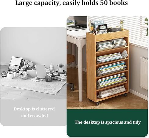 Mobile Bookshelf,Mobile Wooden Rolling Storage Cart with Wheels - Multi-Tier Vertical Bookshelf Orga for Office, Living Room, or Kitchen - Stylish Brown Finish in Saudi Arabia