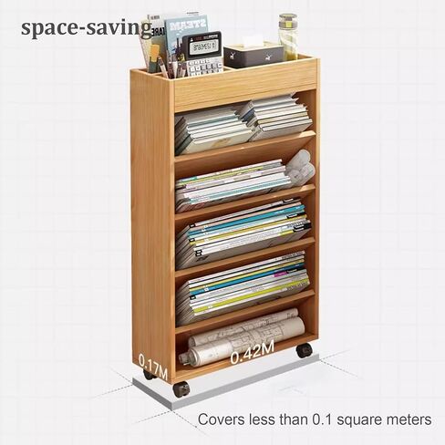 Mobile Bookshelf,Mobile Wooden Rolling Storage Cart with Wheels - Multi-Tier Vertical Bookshelf Orga for Office, Living Room, or Kitchen - Stylish Brown Finish in Saudi Arabia
