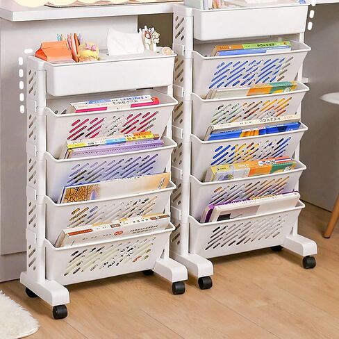 Mobile Bookshelf,5-Tier Rolling Book Shelf Cart with Wheels - Mobile Library Storage for Home, Office, Kitchen & School - Versatile Orga for Books, Decor & Supplies in Saudi Arabia