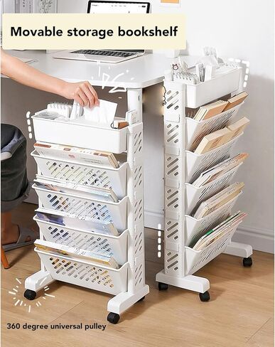 Mobile Bookshelf,White Mobile Book Shelf - 6-Tier Rolling Storage Cart for Classroom & Office - Versatile Document Orga & Bookshelf - Multi-Purpose Desk Cart with Easy Mobility in Saudi Arabia