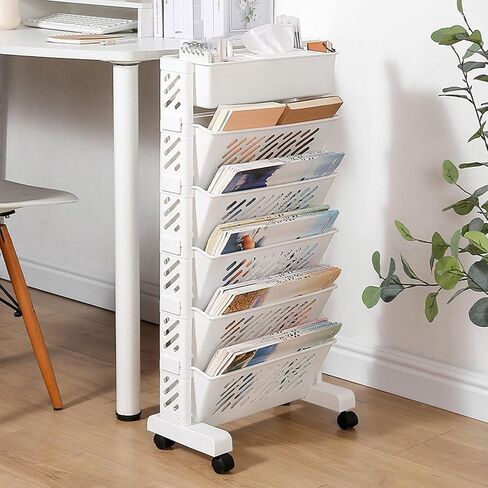 Mobile Bookshelf,White Mobile Book Shelf - 6-Tier Rolling Storage Cart for Classroom & Office - Versatile Document Orga & Bookshelf - Multi-Purpose Desk Cart with Easy Mobility in Saudi Arabia