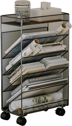 رف الكتب المحمول، عربة تخزين متنقلة صغيرة الحجم - رف عرض معدني قائم على الأرض وحامل مجلات للمساحات الضيقة، أبيض - مثالي للمنزل أو المكتب أو الاستوديو (33.5 × 17 × 57 سم) in Kuwait