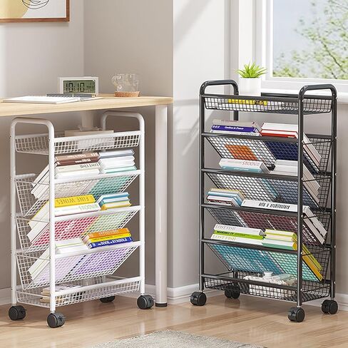 Mobile Bookshelf,Compact Rolling Bookshelf with Wheels - Mobile Storage Orga for Narrow Spaces, Metal Shelves & Magazine Rack, Ideal for Home Office & Small Areas in Saudi Arabia