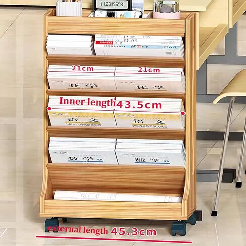 رف كتب متنقل، عربة كتب دوارة من خشب الجوز - رف كتب متنقل من 6 طبقات مع سلة تخزين للمنزل أو المكتب، رف مجلات أنيق، تخزين كتب موفر للمساحة على عجلات in Kuwait